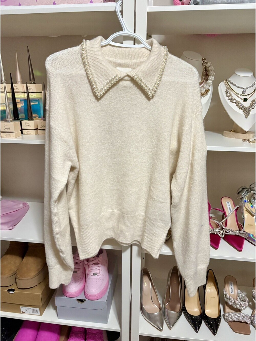 H&M Women’s Ivory Knit Pearl Collared Wool Blend Pullover Sweater Size S